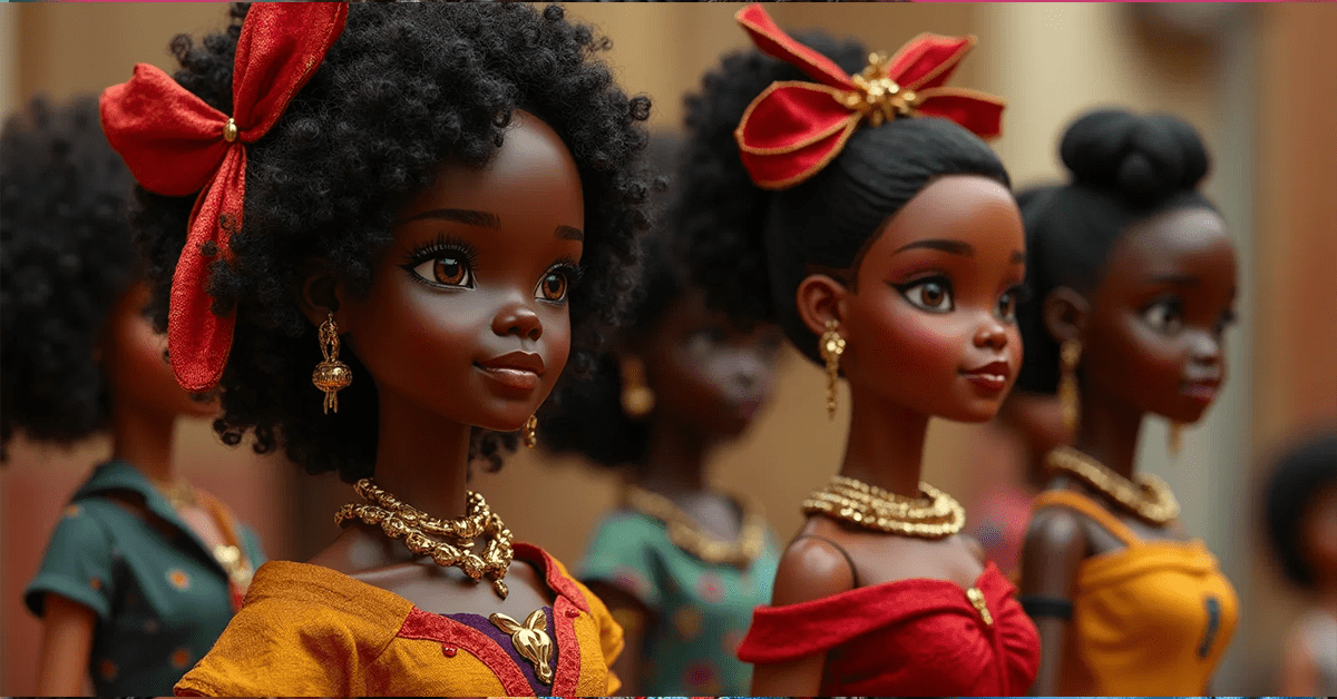 "A collection of Black dolls representing the evolution of Black dolls over time, showcasing diverse styles, skin tones, and cultural influences. From historical-inspired dolls to modern, fashion-forward figures, each doll tells a story of progress, representation, and the beauty of melanated joy. They stand proudly against a vibrant background, reflecting the journey toward inclusivity and self-love. The words "Black Dolls Matter® Melanated Joy" emphasize the importance of seeing and celebrating Black beauty in all its forms."