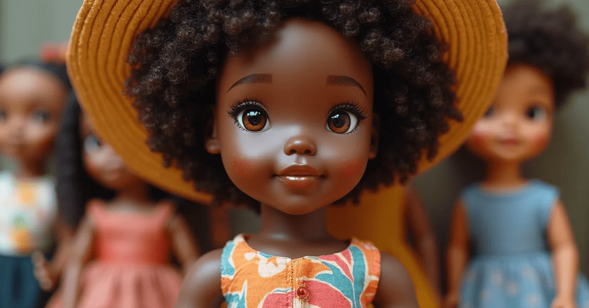 African American dolls arranged in a comforting and empowering display, symbolizing resilience, self-worth, and cultural pride. The dolls' diverse skin tones, hairstyles, and outfits celebrate Black identity and serve as a reminder of the healing power of representation.