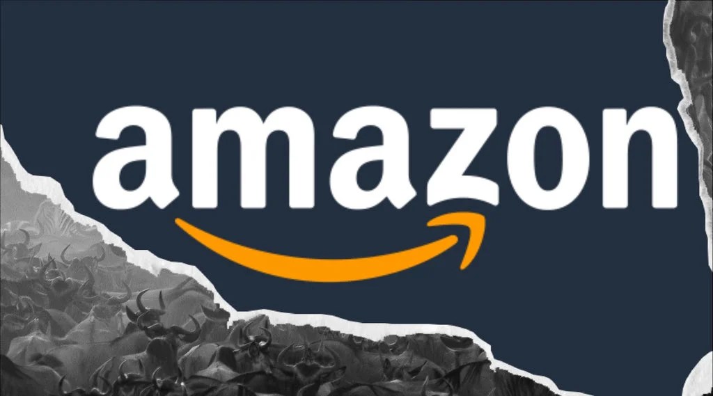 Amazon logo with white text and orange smile arrow centered on a dark blue background, framed by torn paper edges revealing a monochrome herd of wildebeests below.