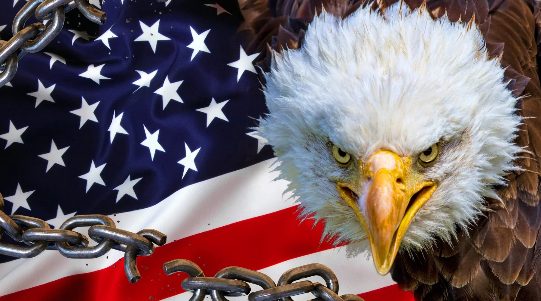 Bald eagle with an intense gaze positioned next to an American flag, featuring broken metal chains in the foreground symbolizing freedom and liberation from oppression.