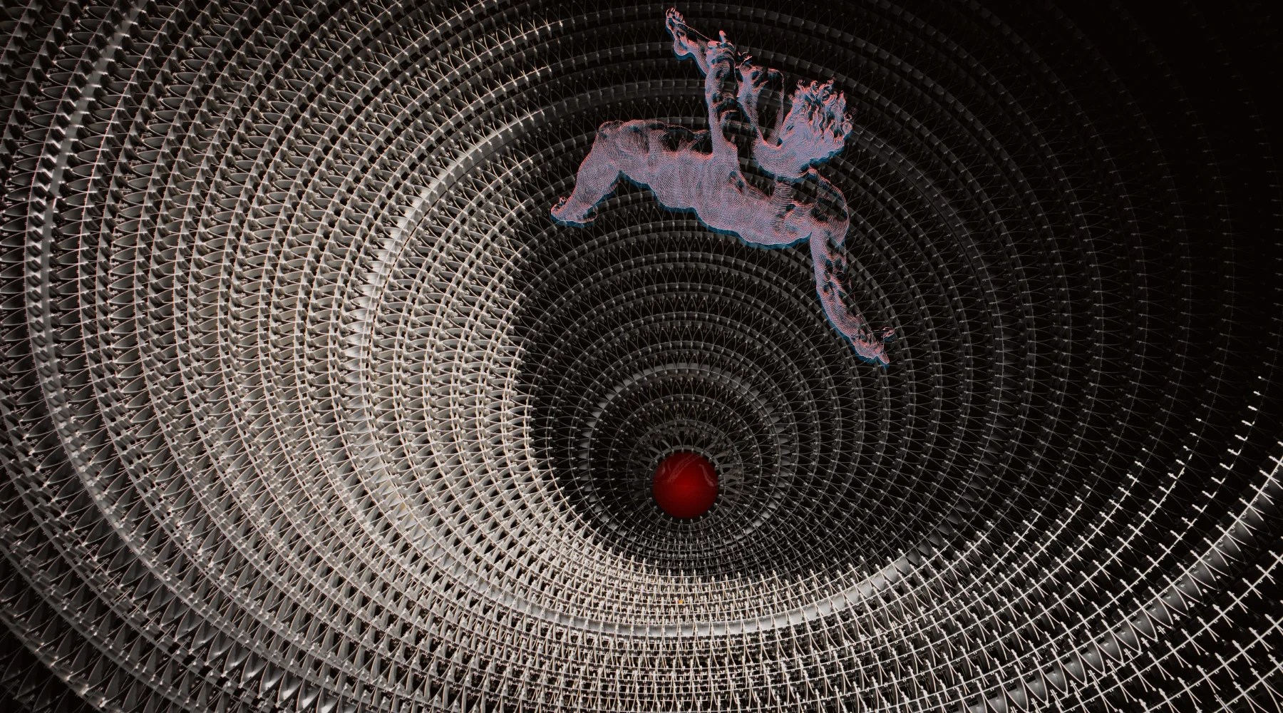 Holographic classical male figure floating above a glowing red orb within a dark, circular architectural dome featuring complex metallic concentric rings and futuristic geometric textures.