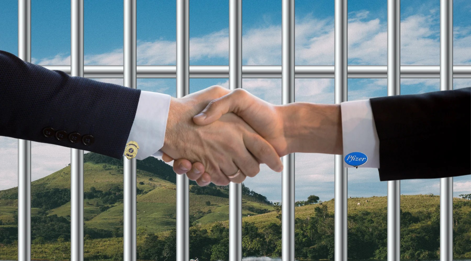 Suited arms shaking hands through silver prison bars against a green landscape. One cuff displays an FDA badge while the other shows a blue Pfizer logo.