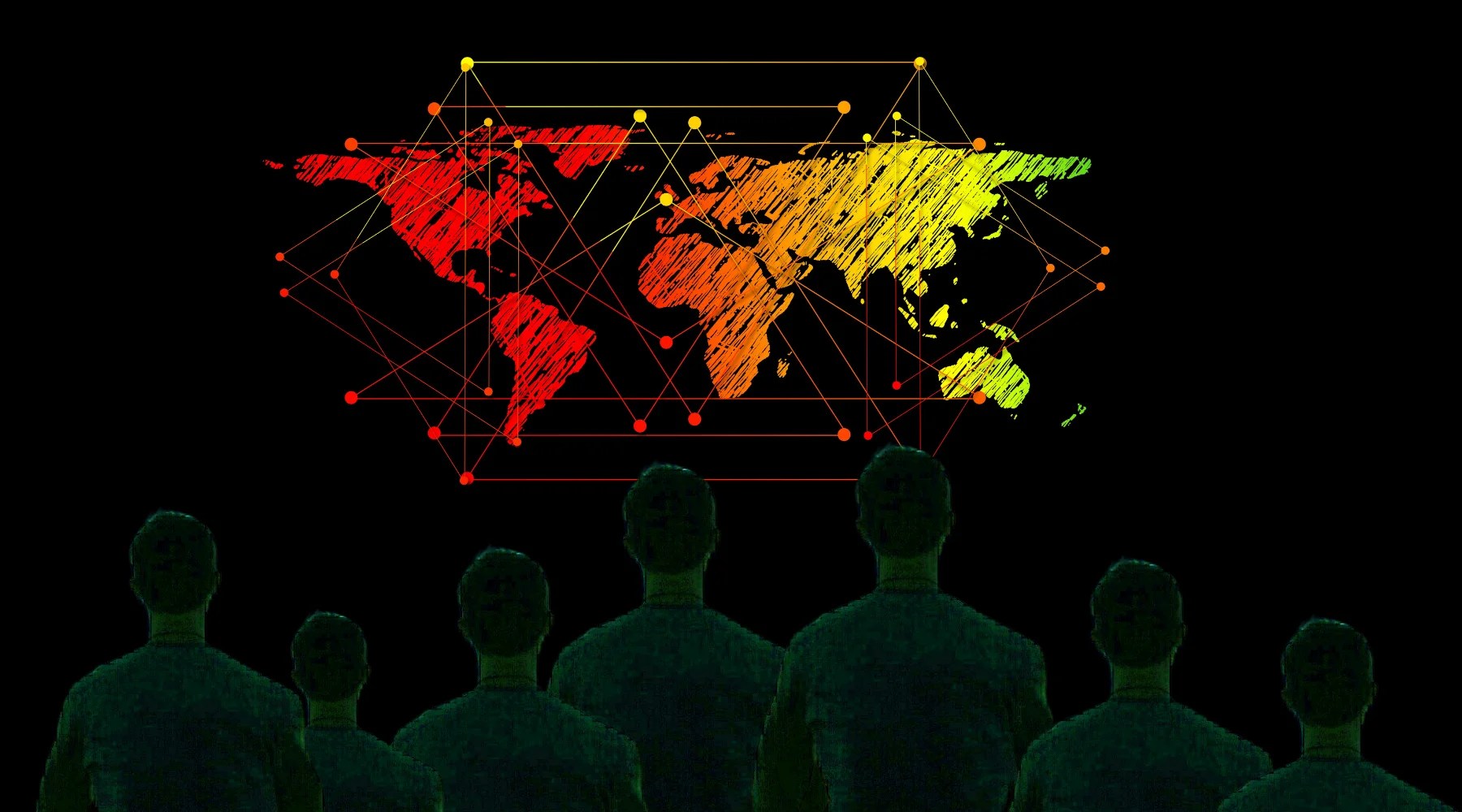 Silhouetted figures stand before a glowing, scribbled world map with a red to yellow gradient. Interconnected lines and nodes represent a global network against a dark, minimalist background.