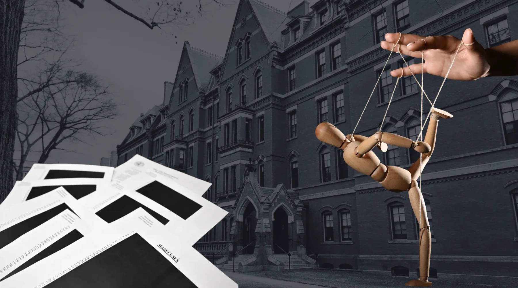 Wooden marionette puppet controlled by a hand above redacted documents and a dark brick university building, symbolizing institutional manipulation and hidden secrets in a moody, monochromatic composite image.