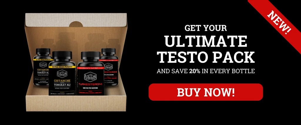 Ultimate Testo Pack supplement bottles featuring Cistanche with Tongkat Ali and Turkesterone in a cardboard box against a black background with a red buy now button and twenty percent discount text.