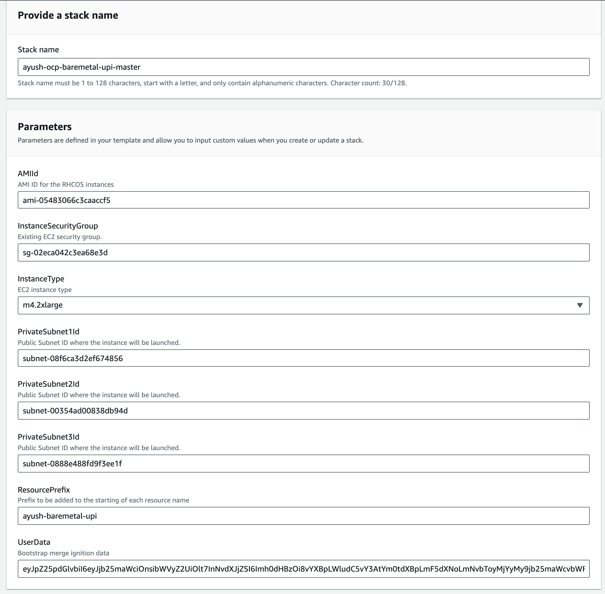 Specify master node stack details