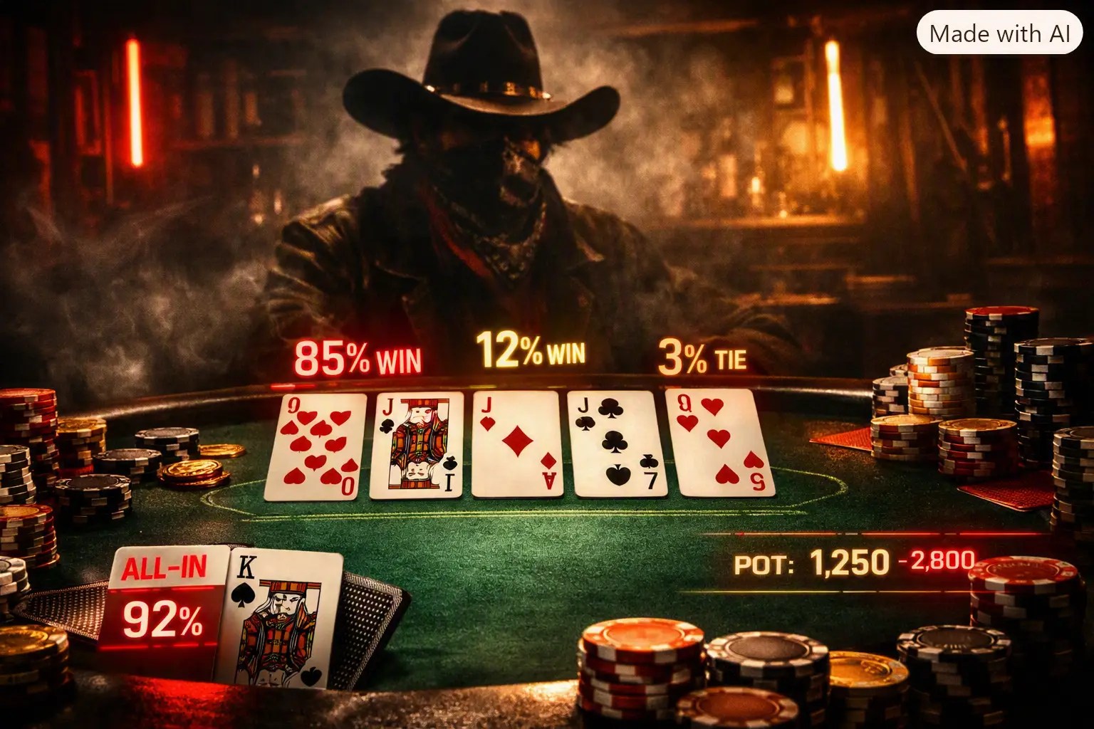 Cinematic Texas Hold’em poker table with cards, chips, and outlaw American aesthetic.