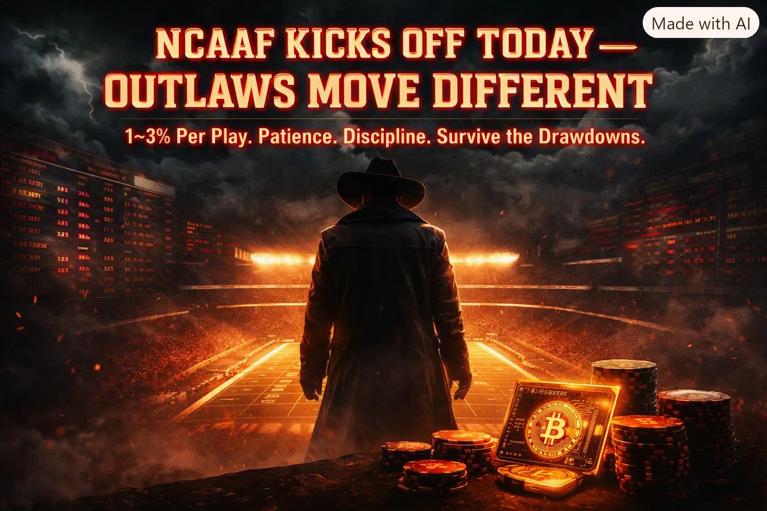 Outlaw NCAAF betting money management graphic showing a disciplined sports bettor over a glowing college football field with Bitcoin wallet, odds boards, and text about bankroll strategy, 1–3% unit betting, handling drawdowns, fear and greed, and sharp vs square bettors.