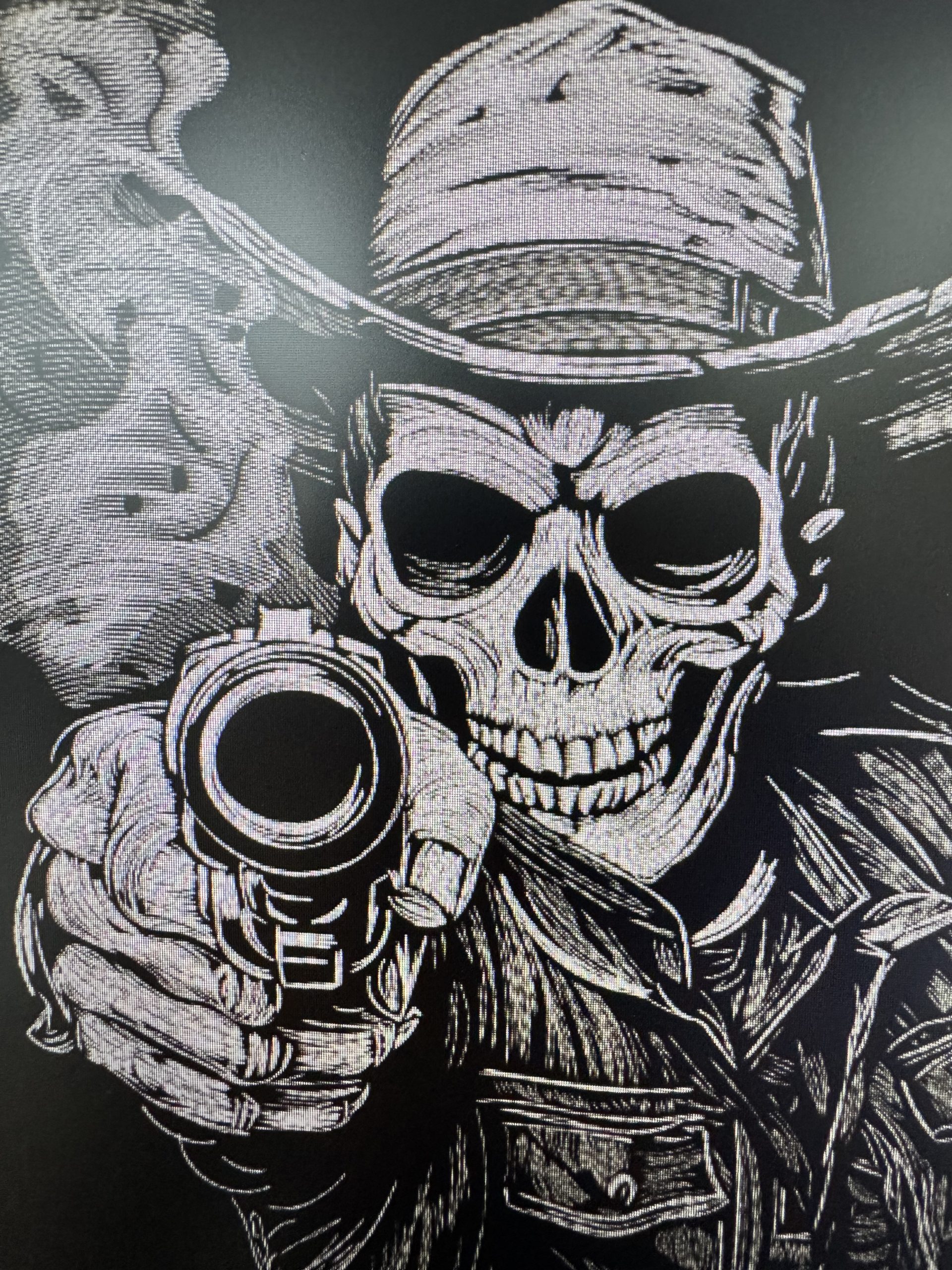 keleton outlaw aiming a pistol straight at the viewer, dark western aesthetic, rebellious gambling lifestyle imagery