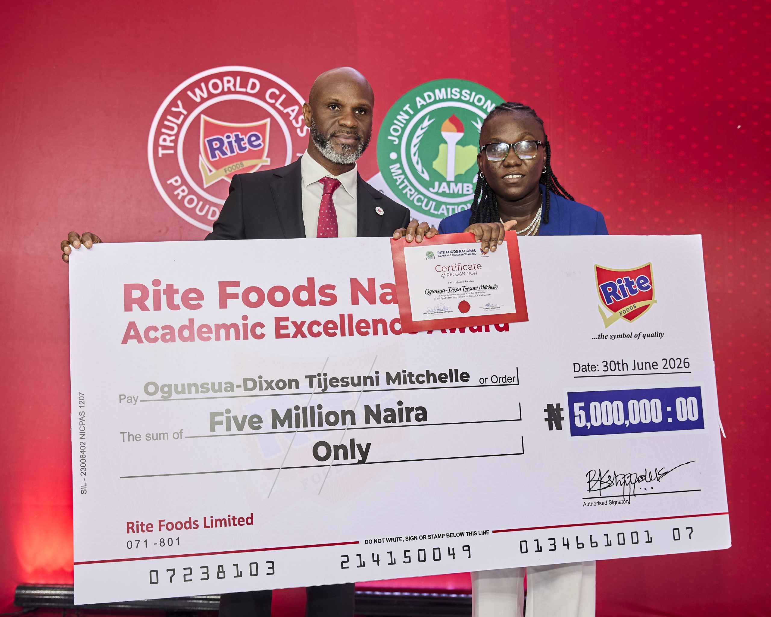 Rite Foods Gets Federal Commendation for N35m Scholarships to Top 2026 UTME Candidates