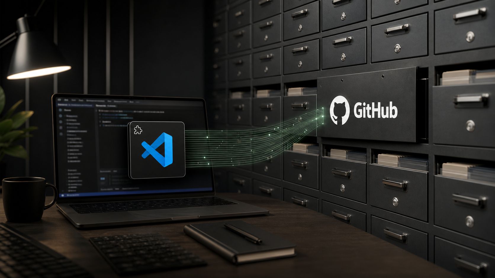 Official Visual Studio Code and GitHub logos connected by an extension exfiltration path into repository storage