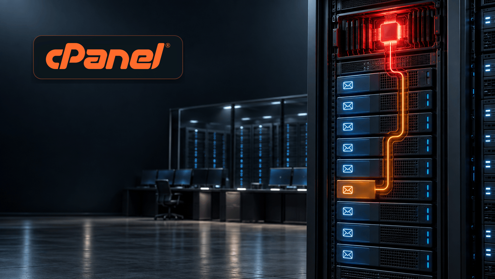 A cPanel hosting rack showing one mailbox path escalating into a red root-level server core