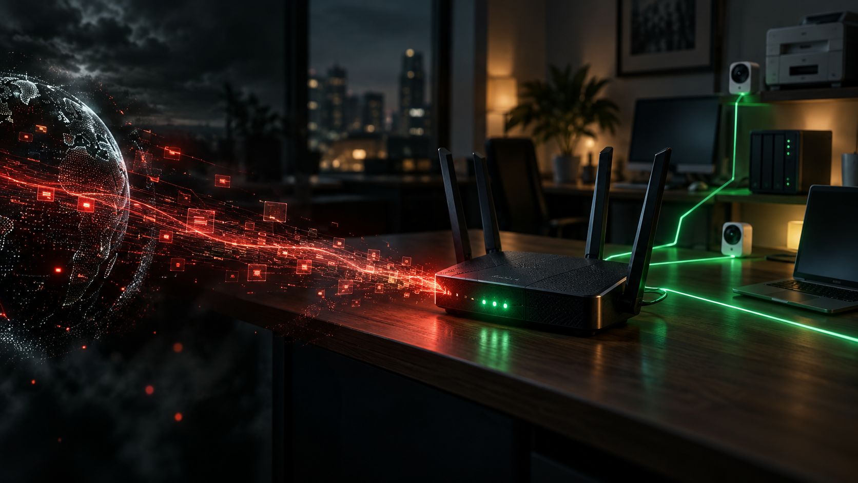 An exposed small-business router facing public exploit traffic while protecting an internal network.