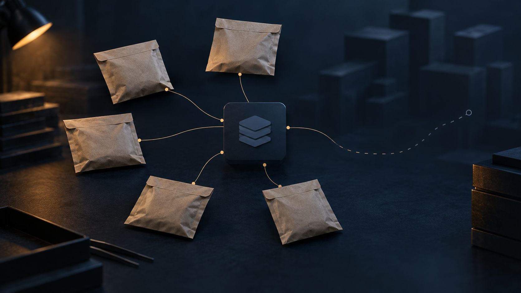 Sealed evidence packets linked to an unbranded software node, with one connection fading into an incomplete trail.