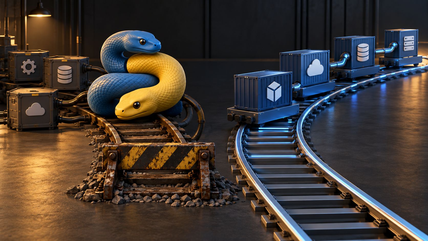 Abstract Python-coloured forms and service containers on separate tracks