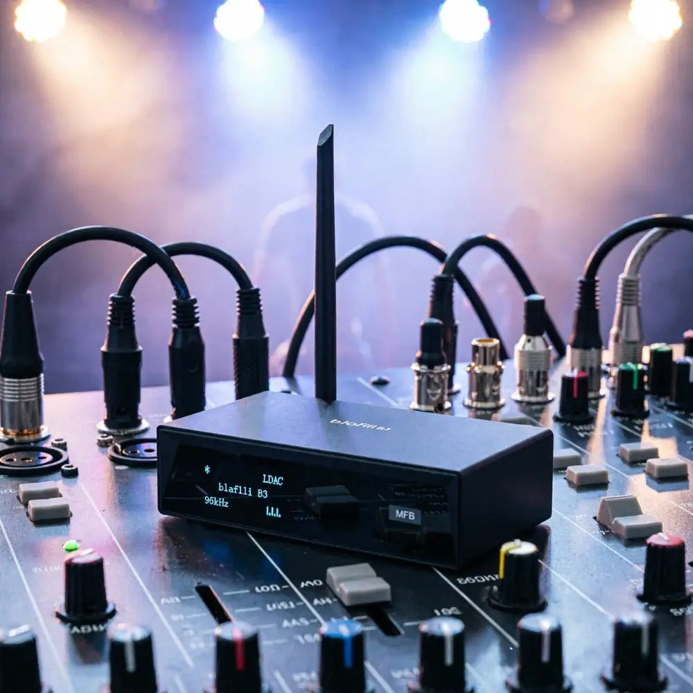 Bluetooth receiver for mixer connected to a mixing console with XLR and RCA outputs.