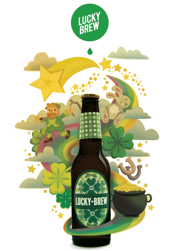 Illustration-based mock ad for Lucky Brew brand beer