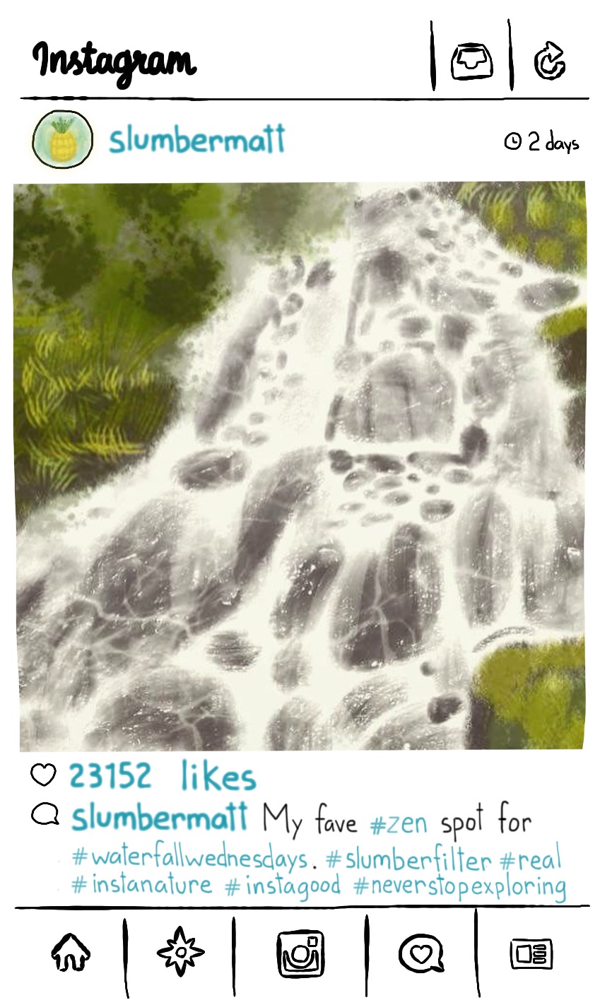 Illustration for blog about Millennial obituaries. This one began with "Matthew passed this weekend after a dangerous mix of Instagramming waterfalls and fruit."