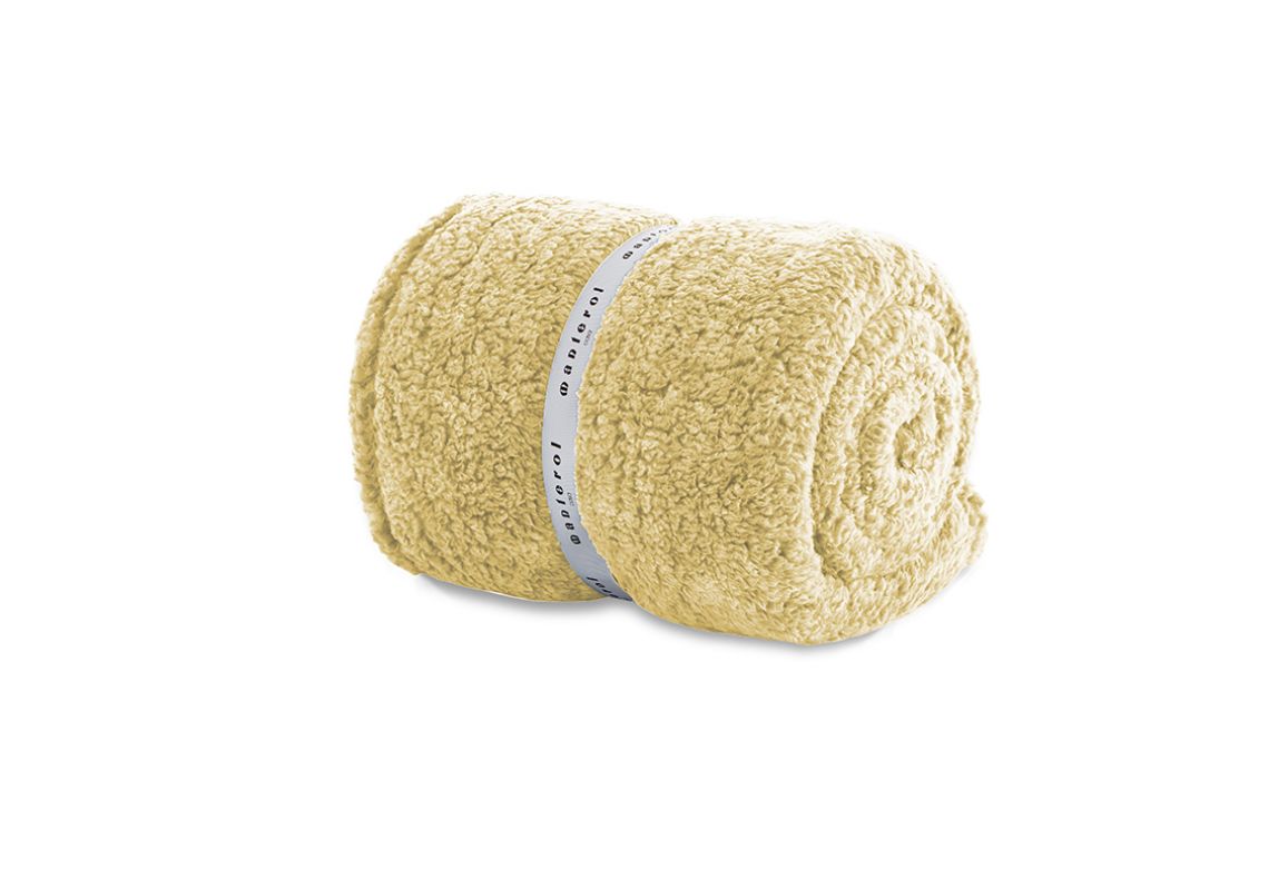 Manta plaid Motti para sofá de borreguito color mostaza nude Manterol