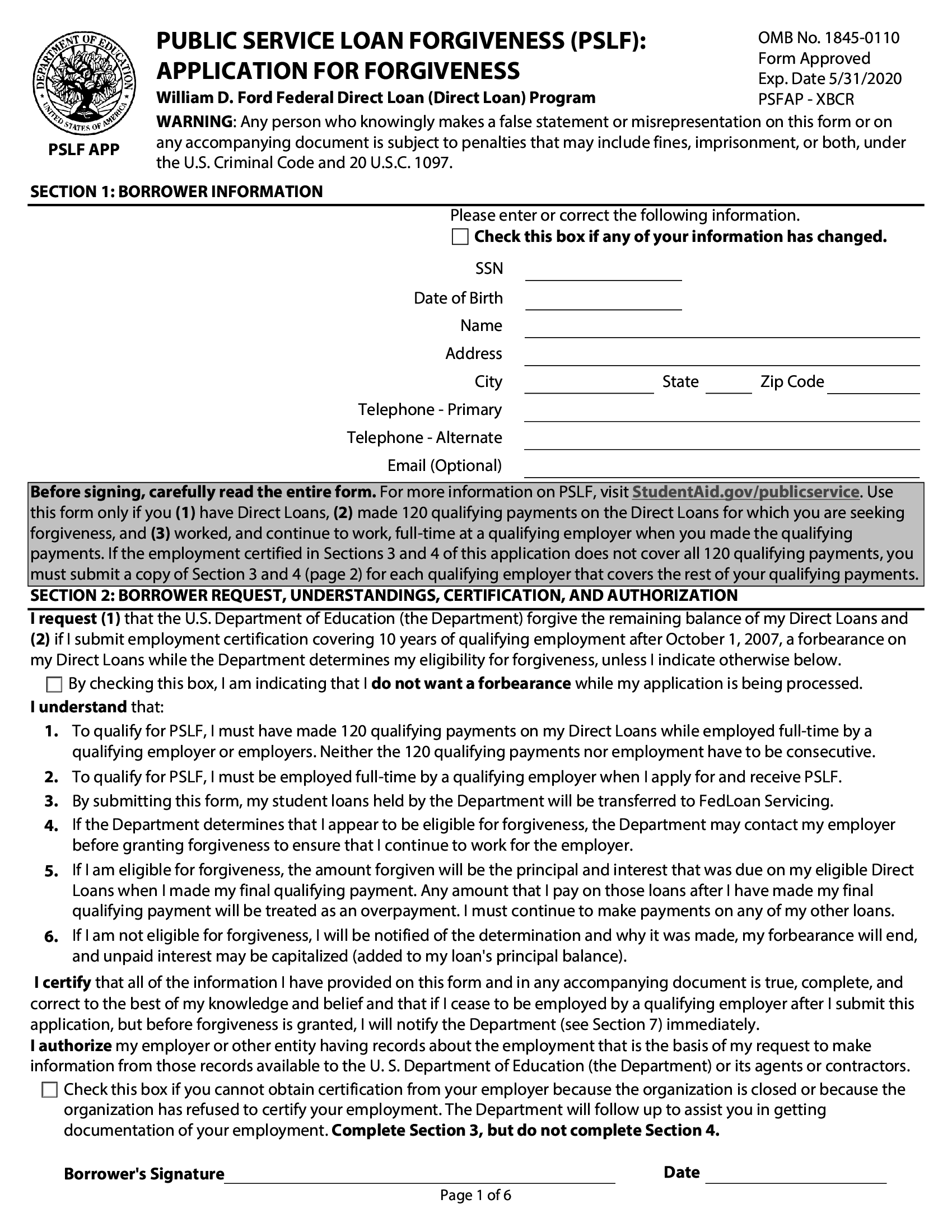 Public service loan forgiveness (pslf): application for forgiveness