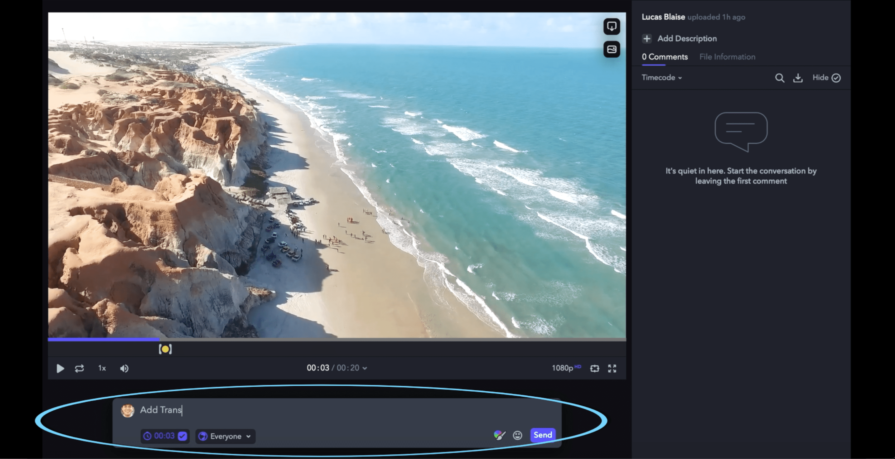 timecode editing from frame.io text editor beach video lucas blaise blazing web services video feedback