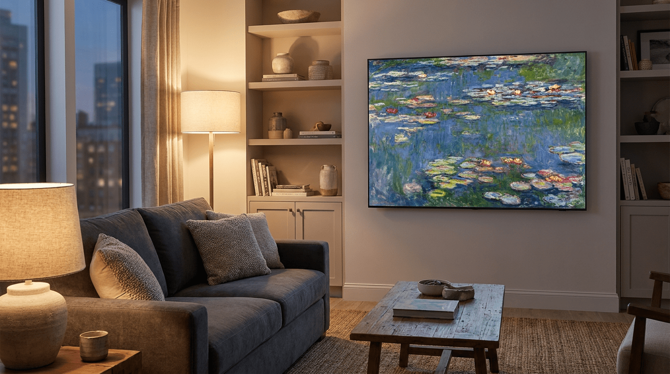 Roku Backdrops showing a classic painting on a living room TV