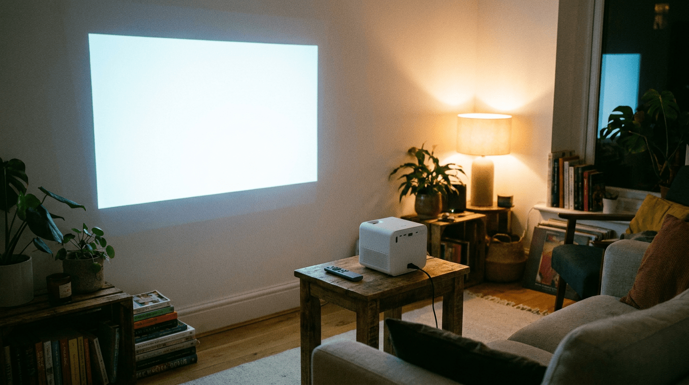 roku projector - portable cube projector casting an image on a living room wall