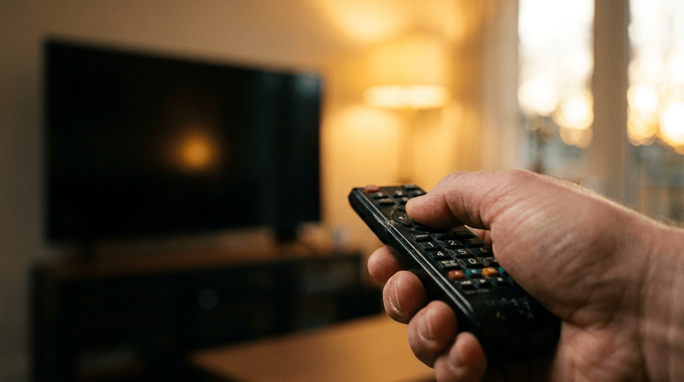 roku tv - hand holding a remote pointed at a television