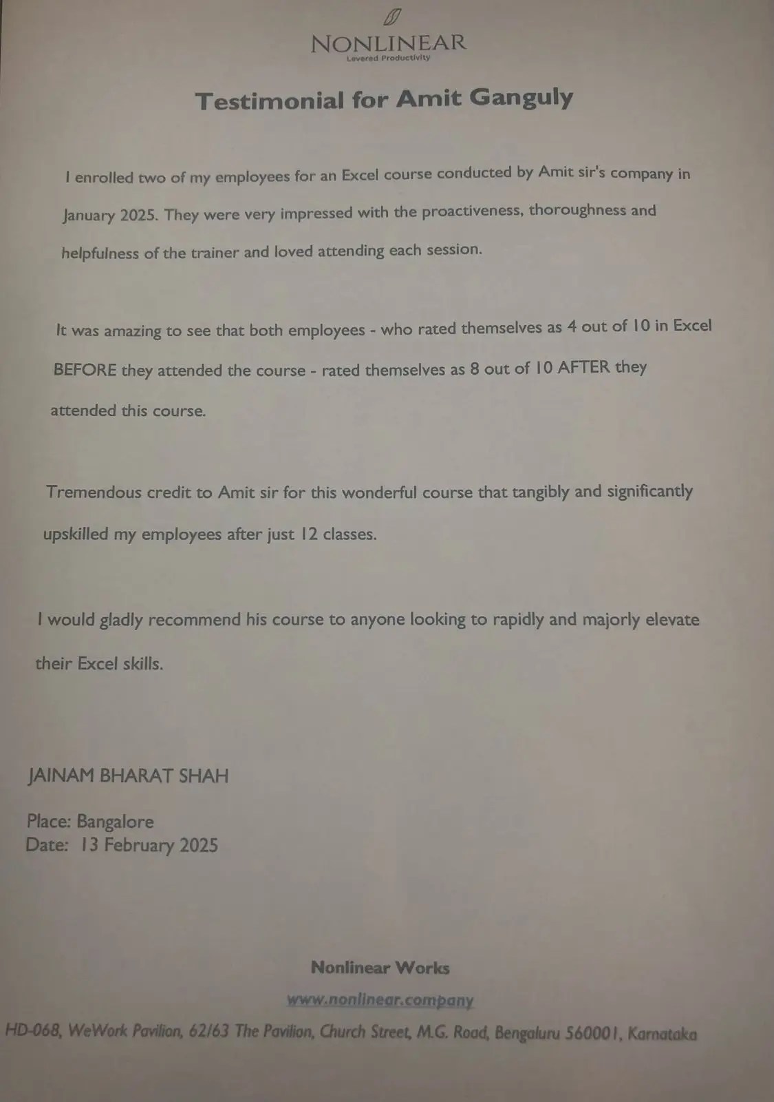 Testimonial for Excel Training