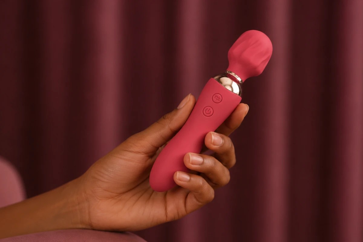 Red ThermaLuxe vibrator held in hand against a red curtain backdrop