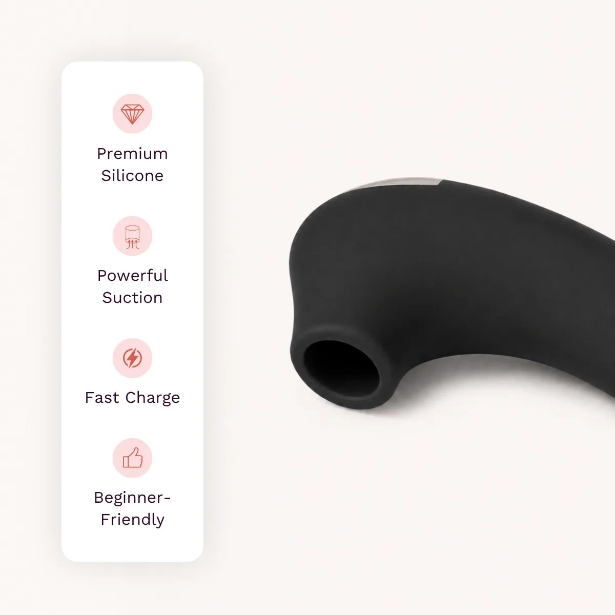 Aero Bliss vibrator other details: premium silicone, powerful suction, fast charge, beginner-friendly.