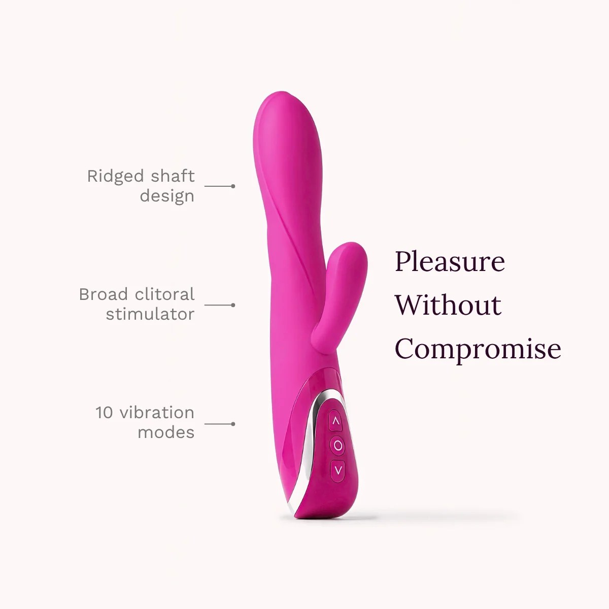 ClitMax™ vibrator key features: ridged shaft design, broad clitoral stimulator, 10 vibration modes.