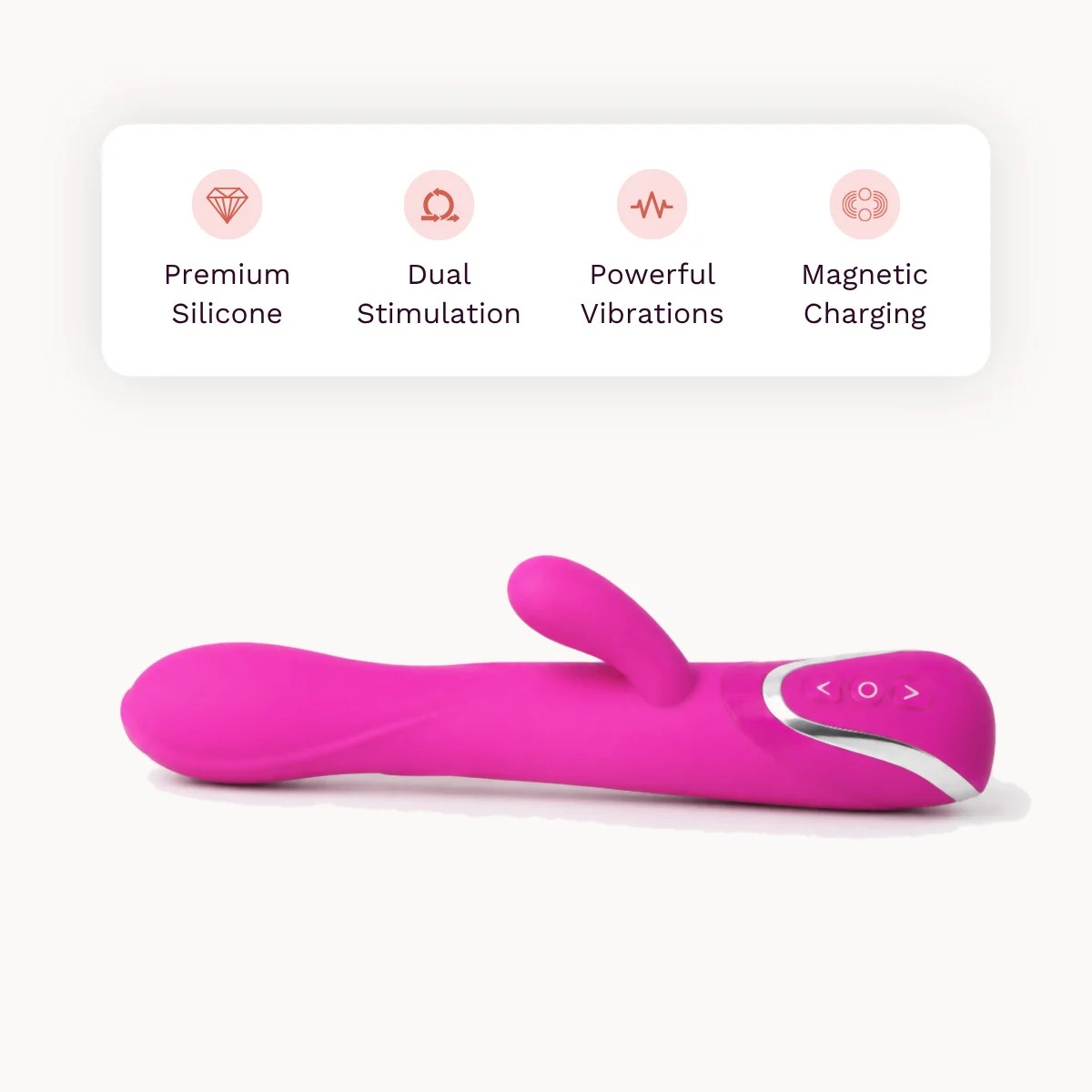 ClitMax™ vibrator other details: premium silicone, dual stimulation, powerful vibrations, magnetic charging.