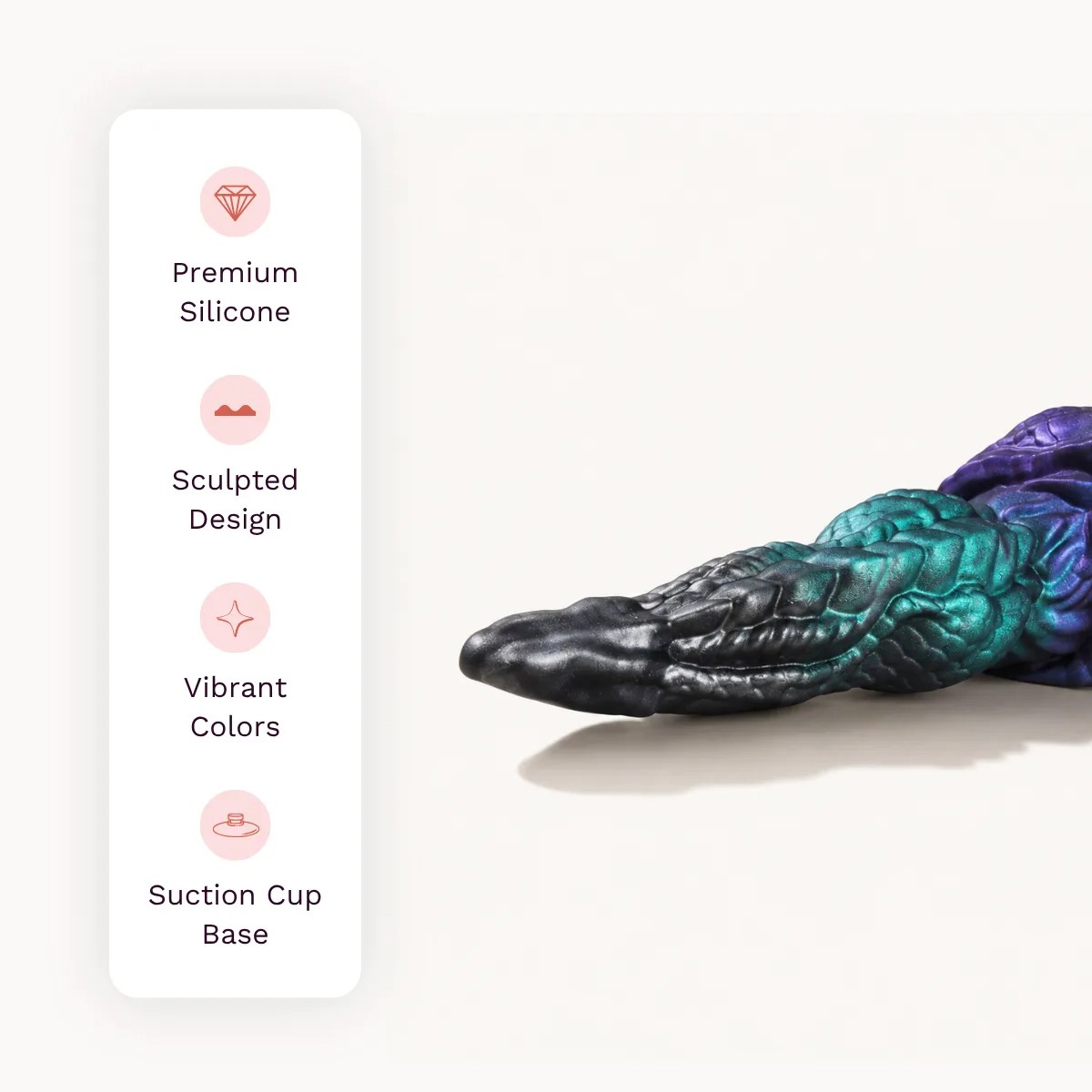 Dragon Flare dildo other details: premium silicone, sculpted design, vibrant colors, suction cup base.