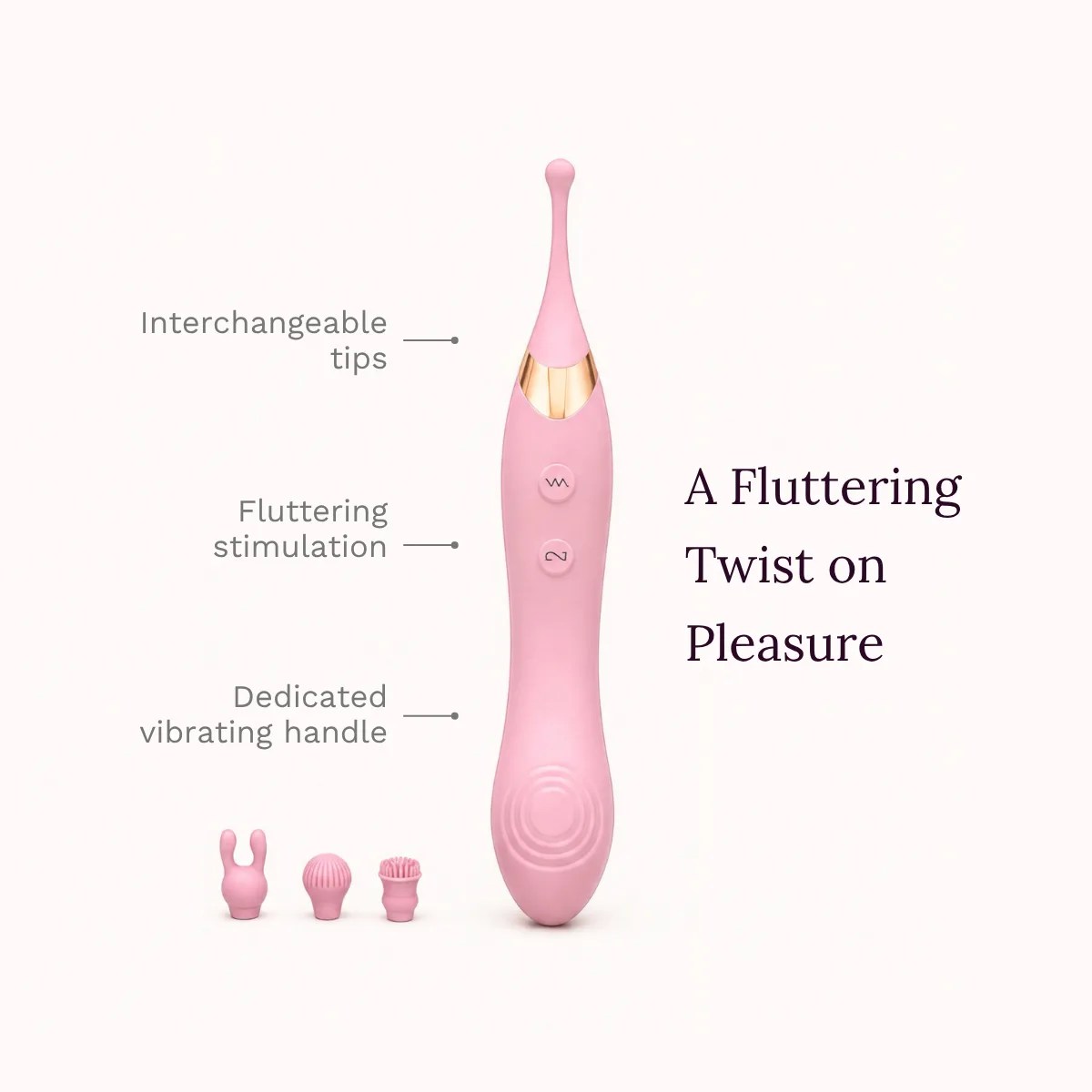 DuoRush™ vibrator key features: interchangeable tips, fluttering stimulation, dedicated vibrating handle.