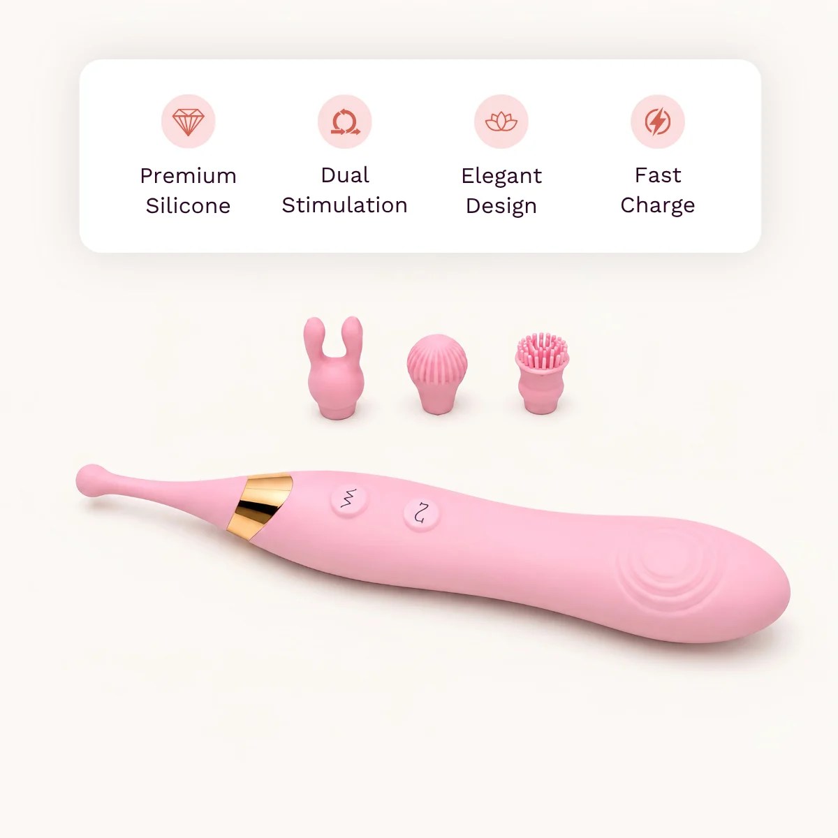DuoRush™ vibrator other details: premium silicone, dual stimulation, elegant design, fast charge.