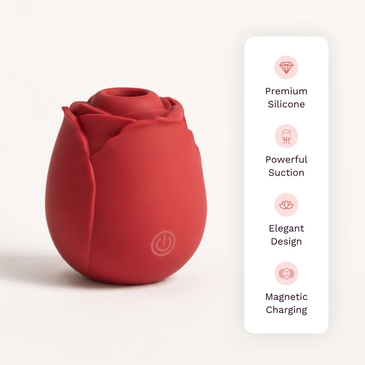 Eden vibrator other details: premium silicone, powerful suction, elegant design, magnetic charging.