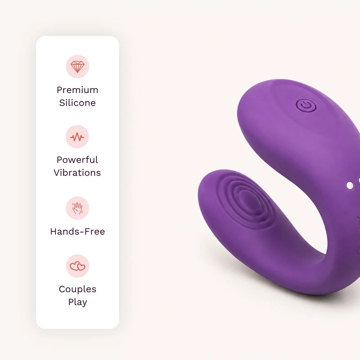 Embrace vibrator other details: premium silicone, powerful vibrations, hands-free, couples play.