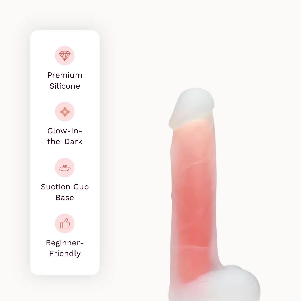 Ethereal Glow dildo other details: premium silicone, glow-in-the-dark, suction cup base, beginner-friendly.