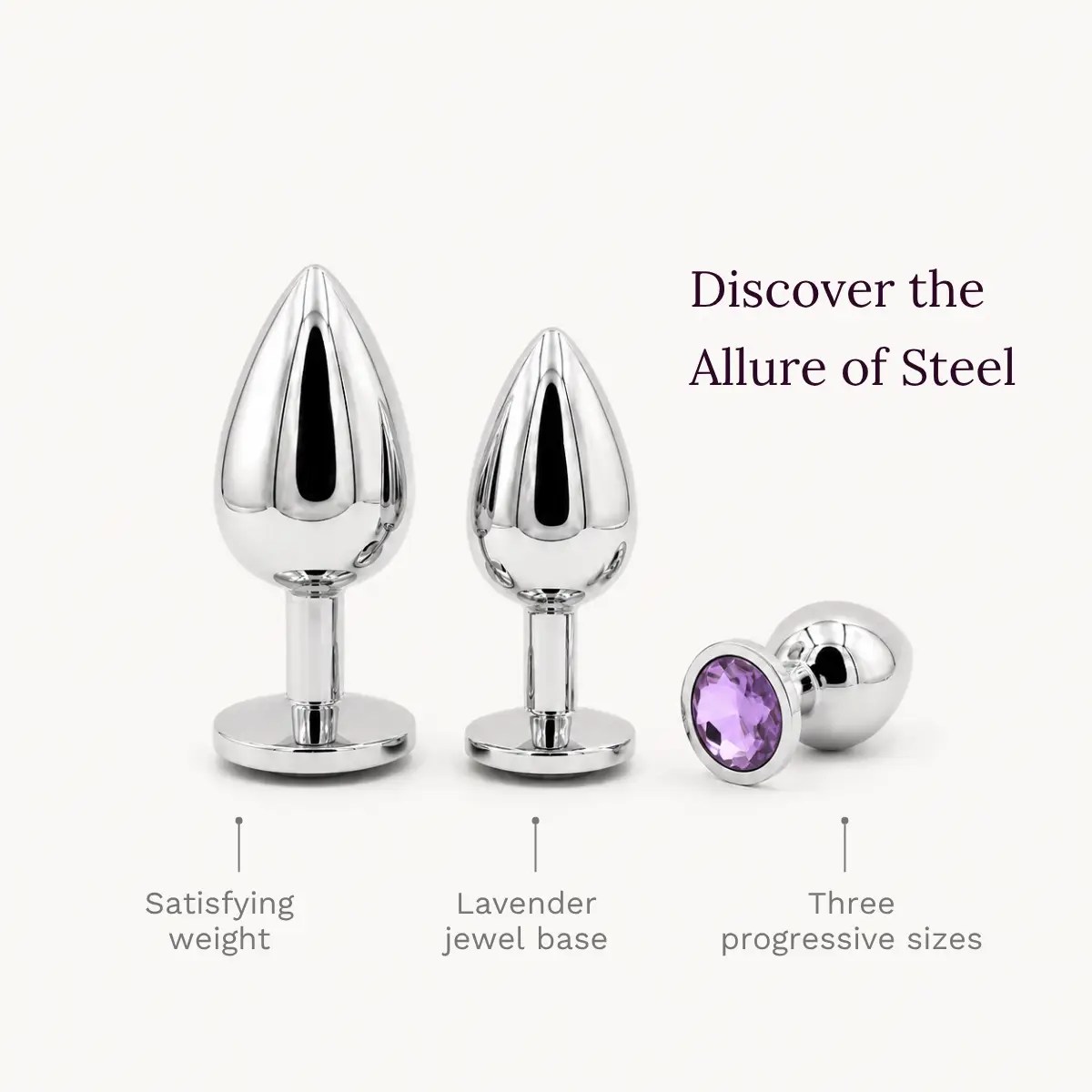 Iris Chrome anal toy key features: satisfying weight, lavender jewel base, three progressive sizes.