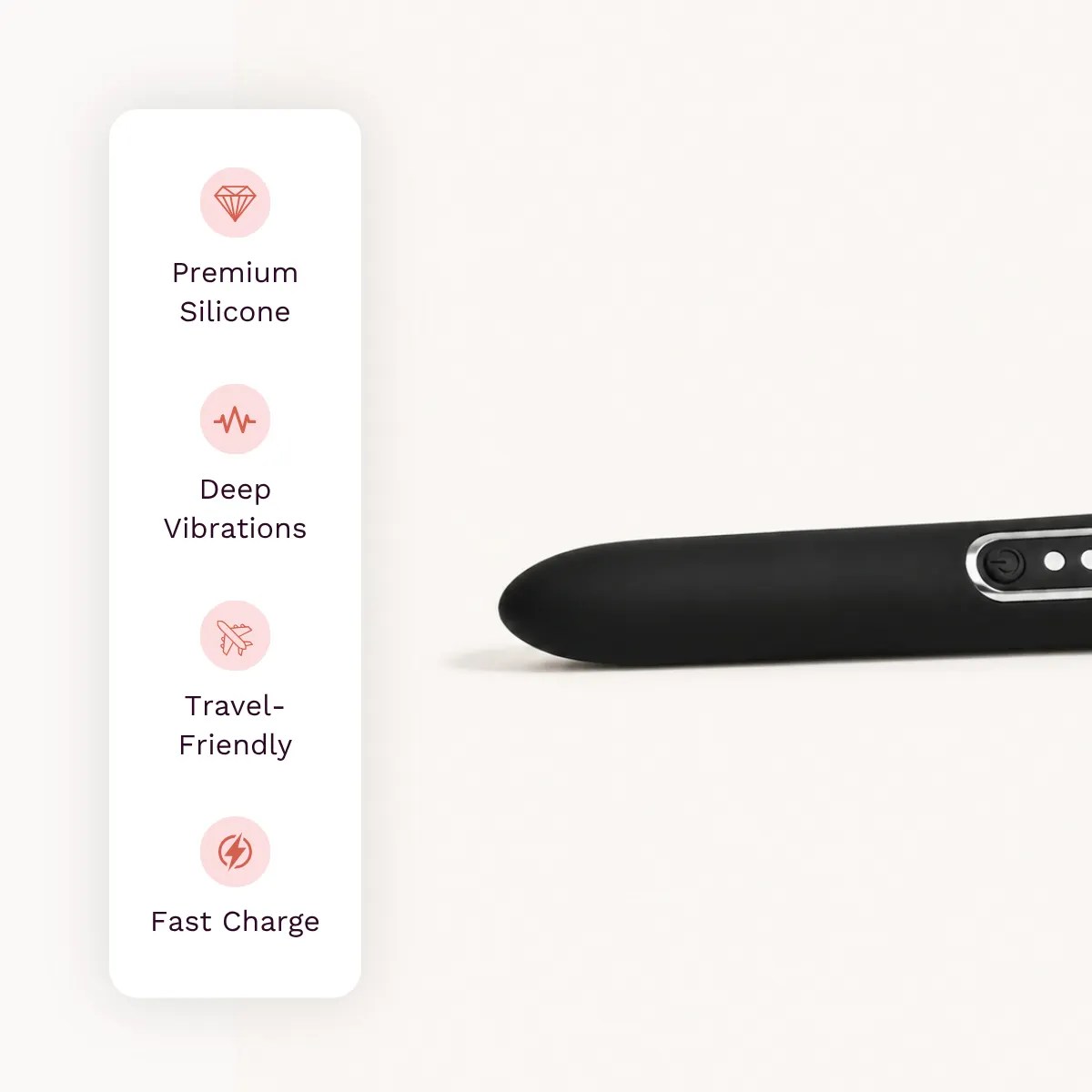 Lumi vibrator other details: premium silicone, deep vibrations, travel-friendly, fast charge.