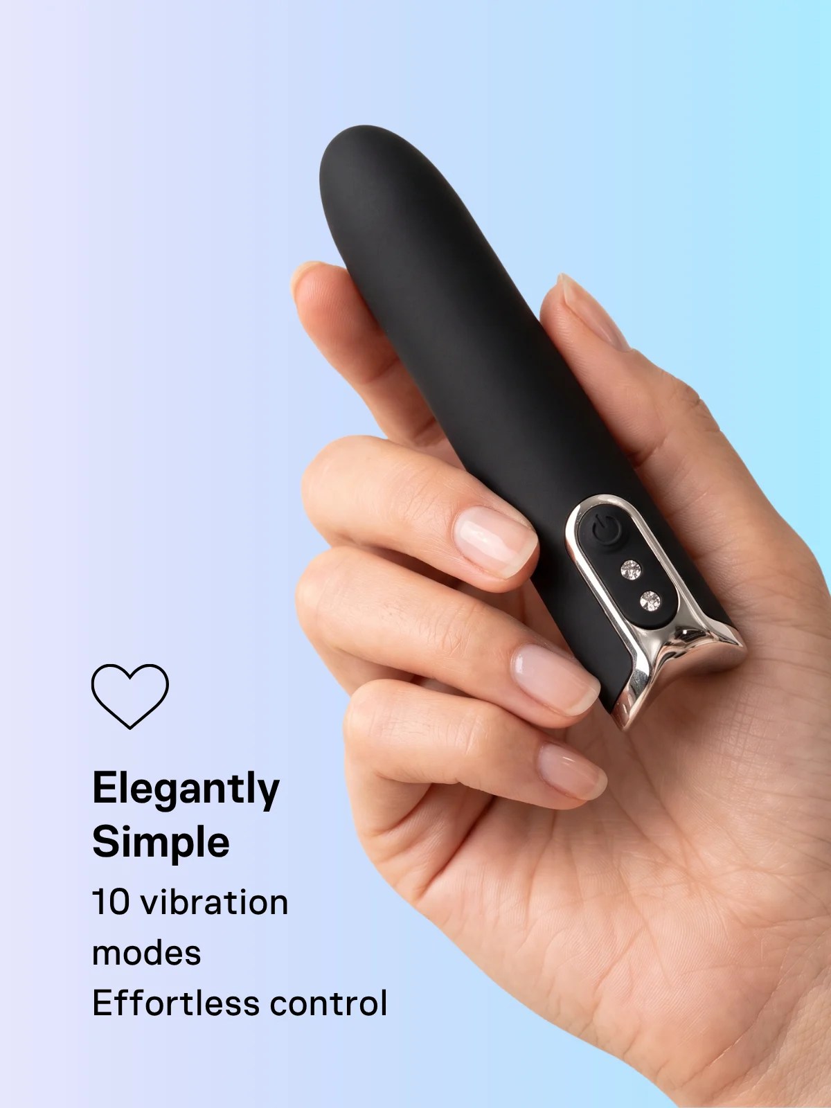 Lumi compact bullet vibrator held in hand, featuring 10 vibration modes and easy one-button operation.