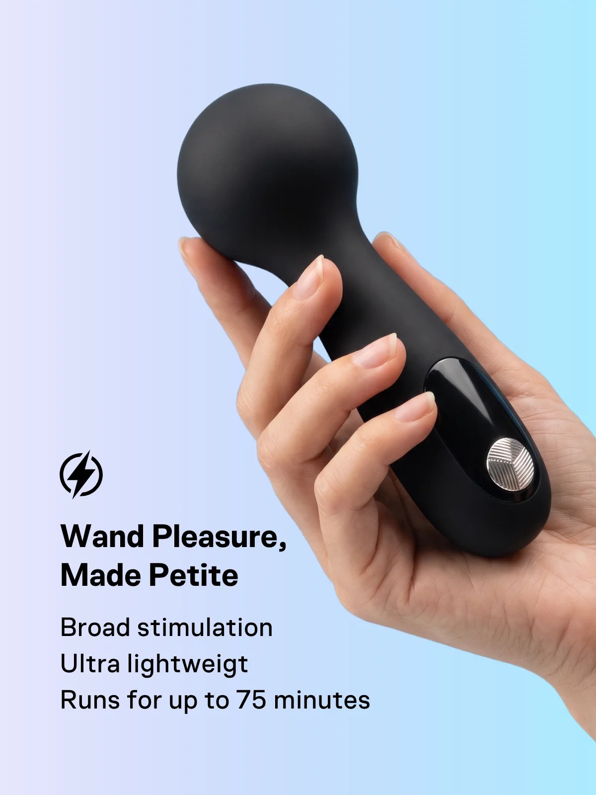 Luna Tap compact wand vibrator held in hand, featuring broad stimulation, an ultra-lightweight design, and up to 75 minutes of runtime.