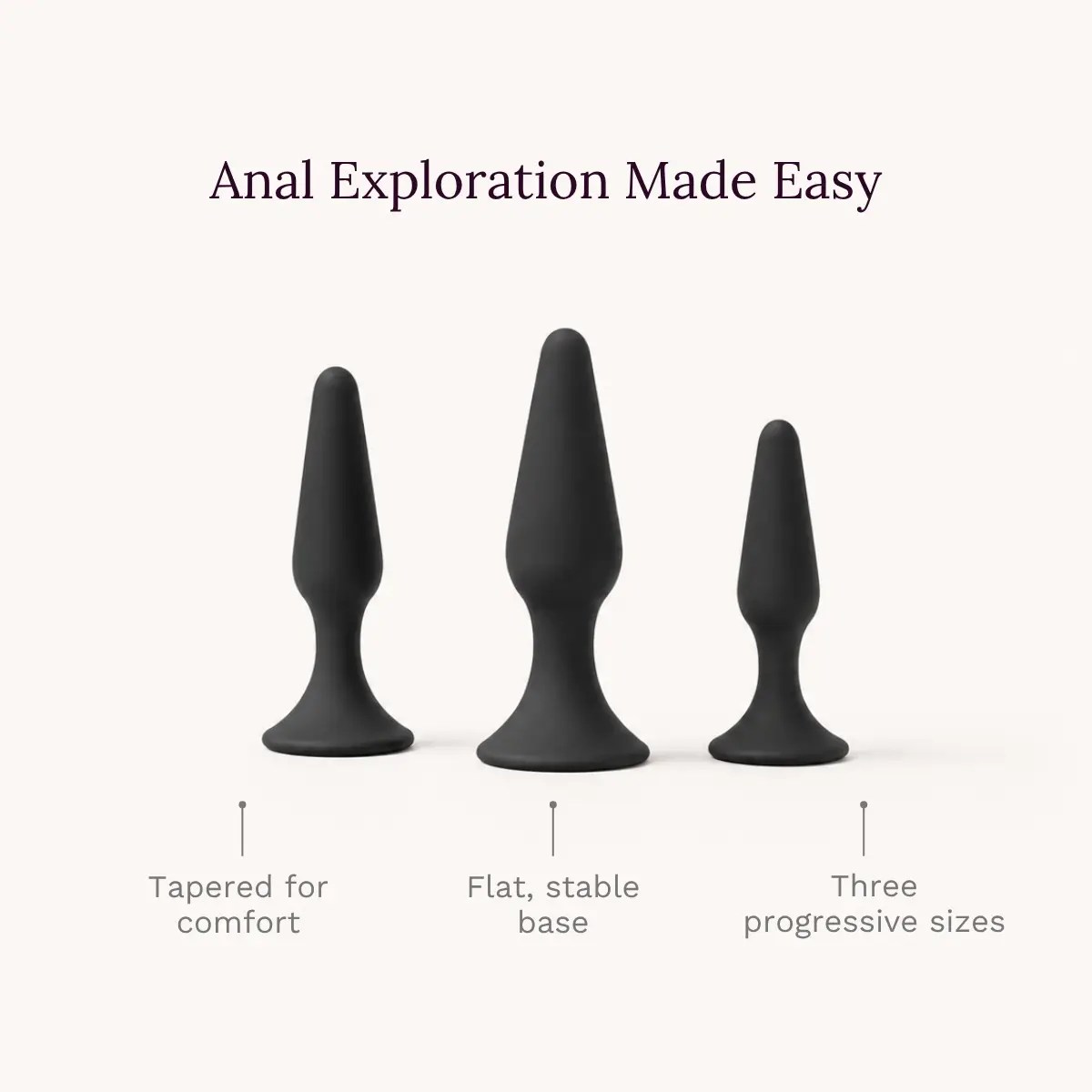 Midnight Spire anal toy key features: tapered for comfort, flat stable base, three progressive sizes.