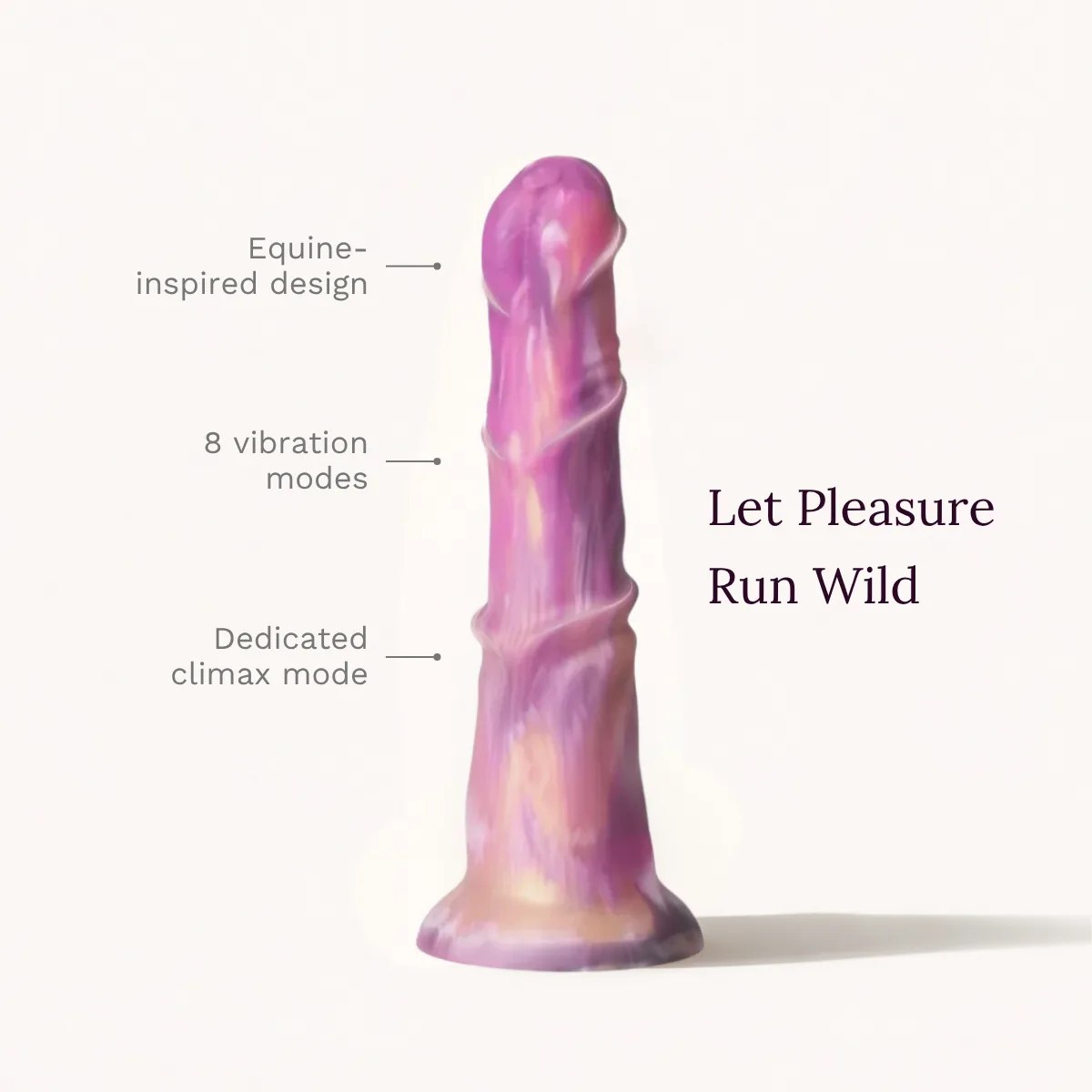 Pink Stallion dildo key features: equine-inspired design, 8 vibration modes, dedicated climax mode.