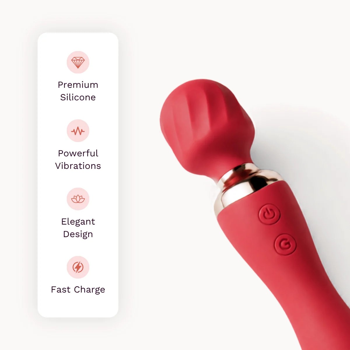 ThermaLuxe™ vibrator other details: premium silicone, powerful vibrations, elegant design, fast charge.