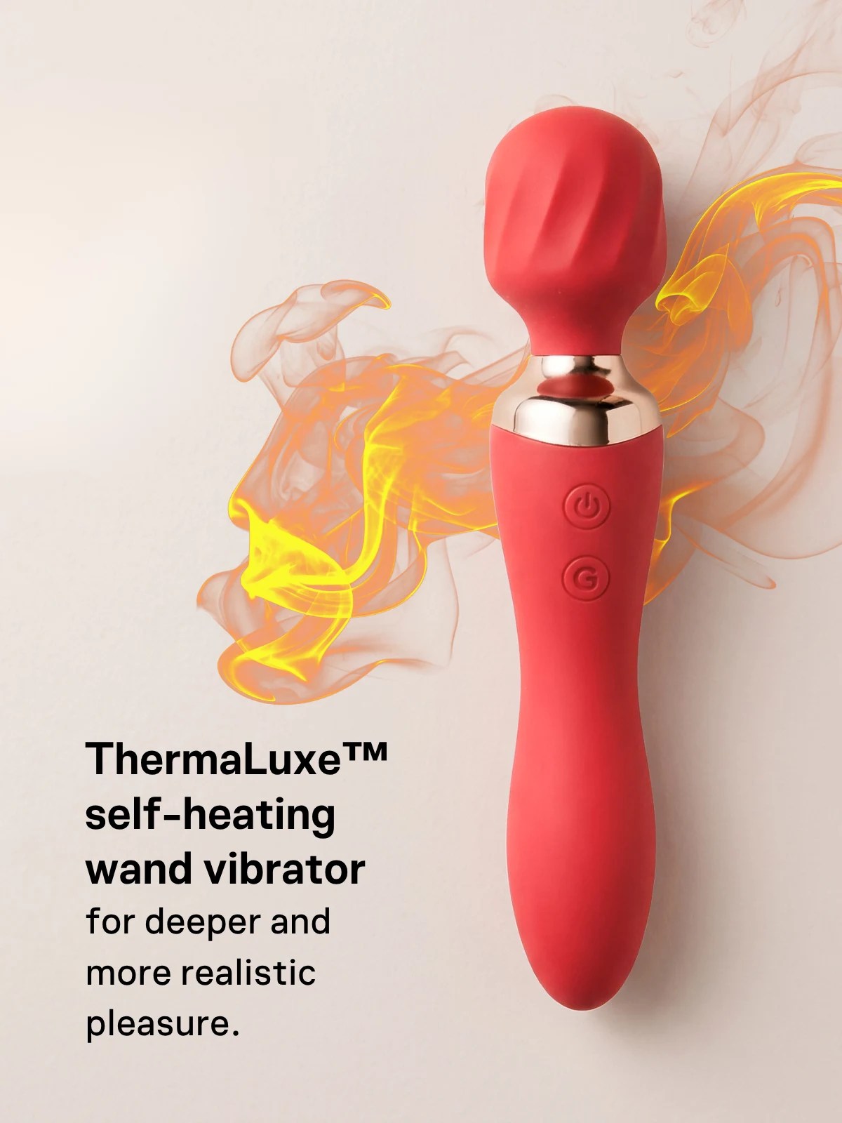 ThermaLuxe self-heating wand vibrator with warm flame effects illustrating its built-in heating technology.