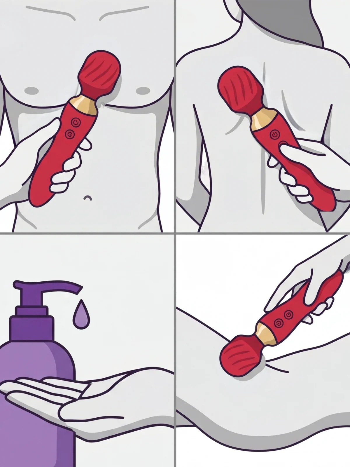 Illustrated usage guide for ThermaLuxe self-heating wand vibrator, showing body massage, lubricant application, and intimate stimulation.