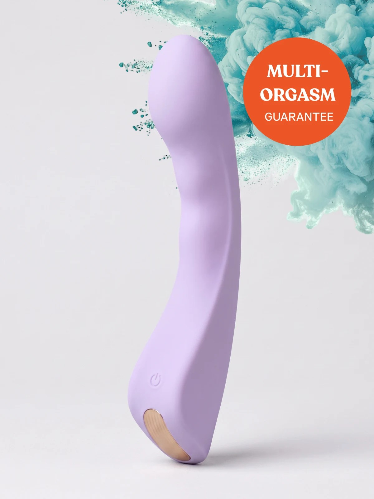 Vesper lavender G-spot vibrator with a gently curved silicone body, gold accent, and multi-orgasm guarantee badge.