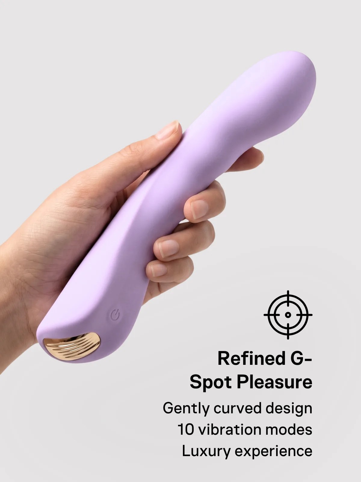 Vesper curved G-spot vibrator held in hand, featuring an ergonomic design and 10 vibration modes for targeted stimulation.